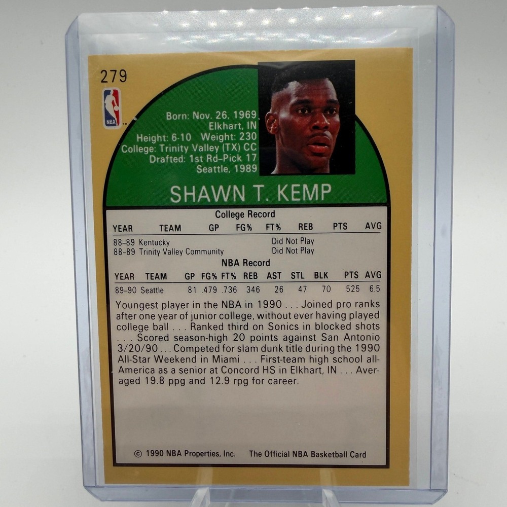 Shawn Kemp 1990 NBA Hoops Rookie Card 279 Seattle SuperSonics Basketball Card - Picture 2 of 2